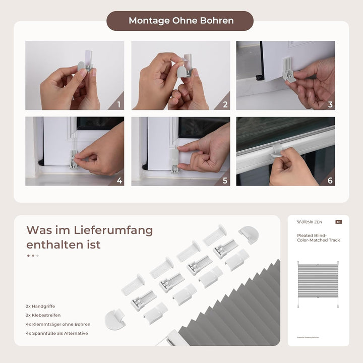 Allesin Plissee ohne Bohren Plissees Klemmfix Anthrazit 40x80cm(BxH), Plisseerollo Faltrollo mit Kle