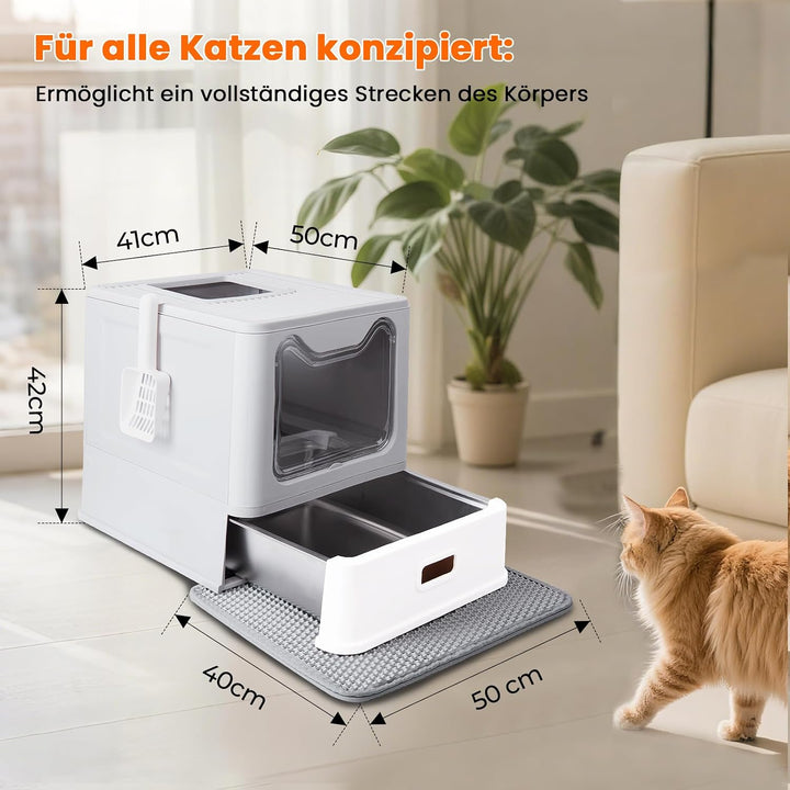 Katzentoilette, Edelstahl Katzenklo mit Deckel und ausziehbares Tablett, Hop in Katzenklo XXL mit Ka