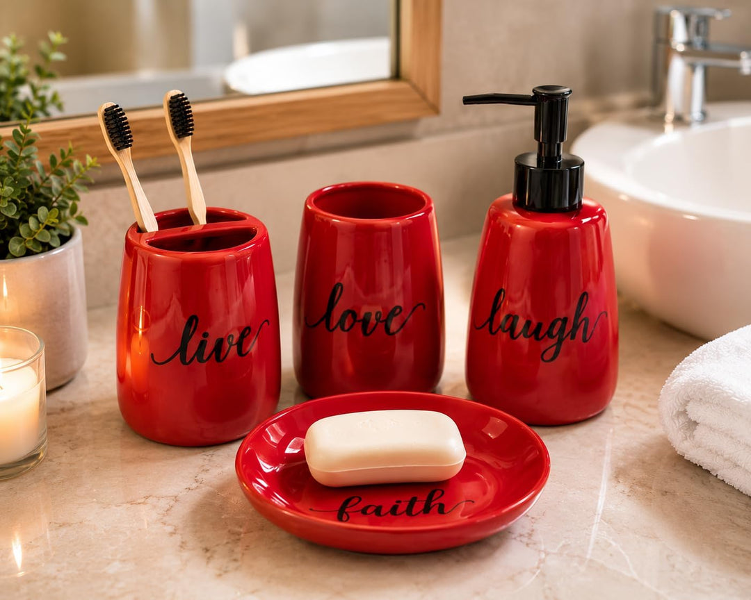 Badezimmer-Zubehör-Set, Keramik, 4-teilig, Zahnbürstenhalter, Seifenspender, Seifenschale, Wäschetro