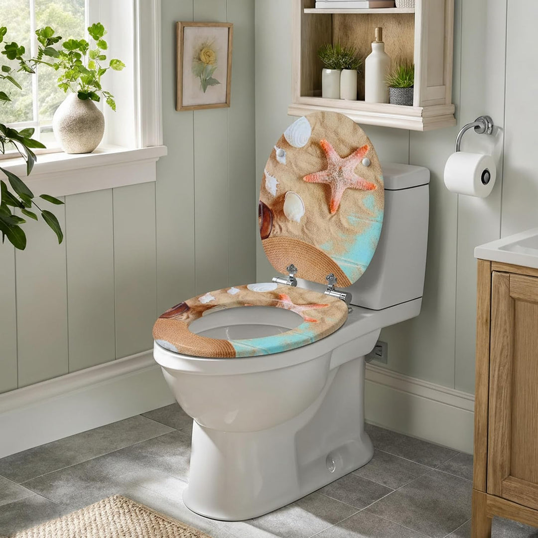 SINOBATH WC Sitz mit Absenkautomatik, Hochwertige und Stabile Qualität aus Holz Muscheln Vom Strand.
