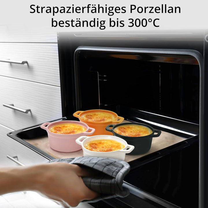 Winter Shore 270 ml Porzellan-Auflaufform Klein mit Griffen & Deckel [4er-Pack] - Souffle Förmchen B