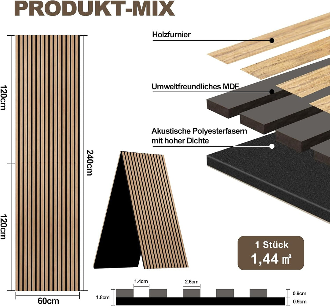 Akustikpaneele Holz, Faltbar 1,44m² - 240x60cm 3D Wandpaneele Holz, Akustik Paneele Wand für Küche,