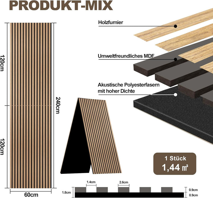 Akustikpaneele Holz, Faltbar 1,44m² - 240x60cm 3D Wandpaneele Holz, Akustik Paneele Wand für Küche,