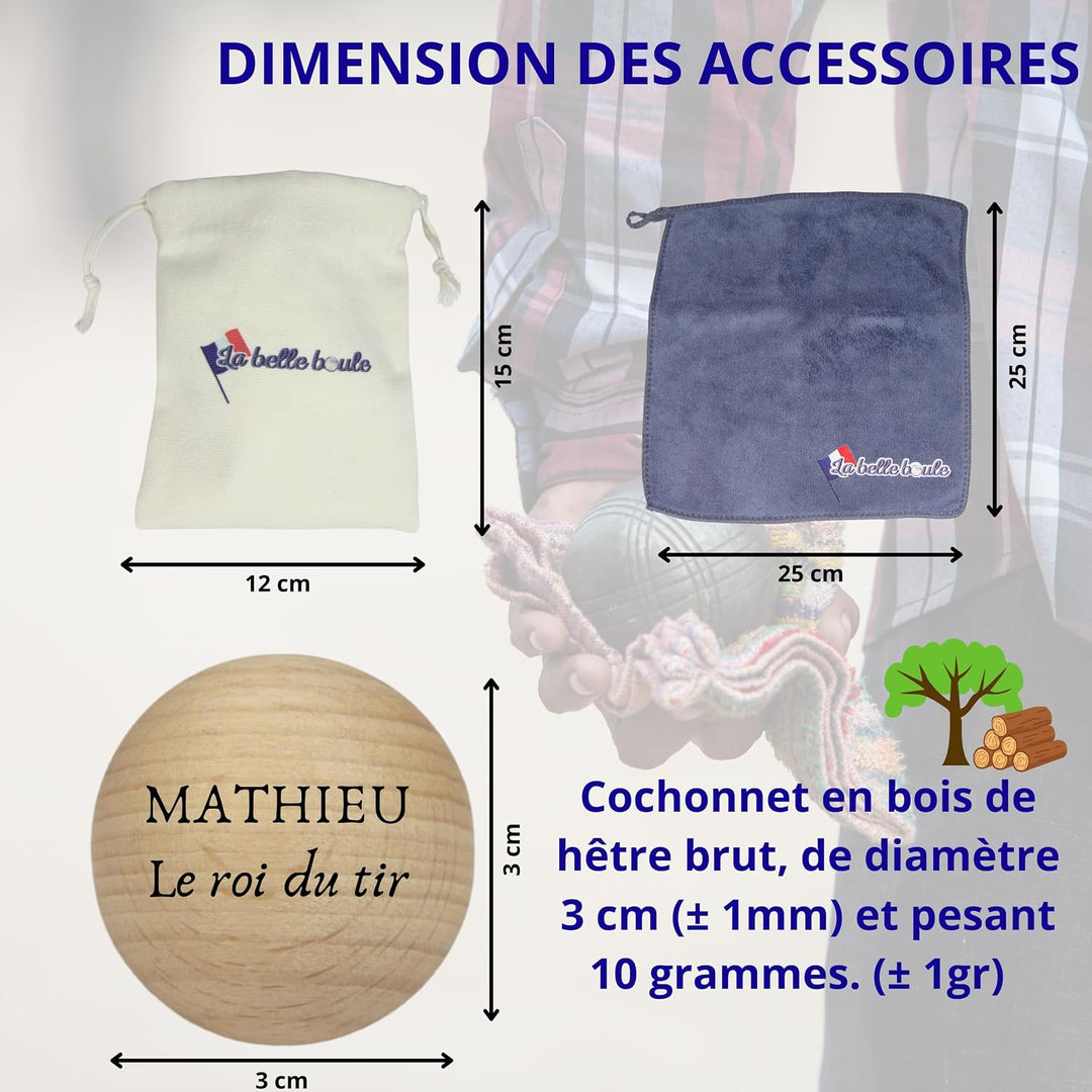 La belle boule® Set mit 3 personalisierbaren Boccia-Kugeln – Tasche für Boccia + Mikrofasertuch – Bo