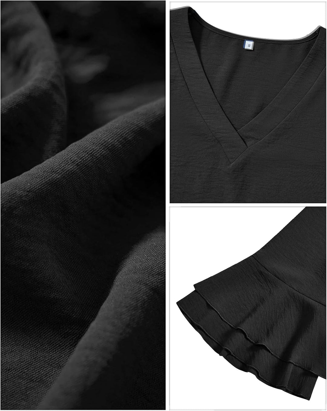 Damen Bluse Elegant V-Ausschnitt 3/4 Ärmel Lässige Blusen mit Rüschenärmel Tunika Tops M-3XL, Schwar