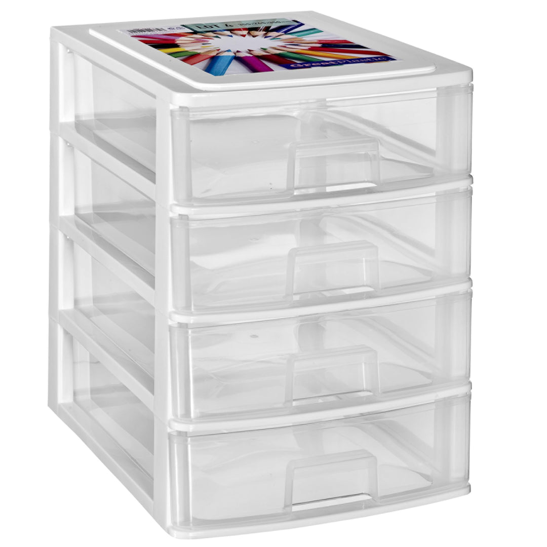 Hummelladen Schubladenbox DIN A4 mit 4 Schubladen 35,5x26,5x35 cm - Weiss-transparent Kunststoff Dra
