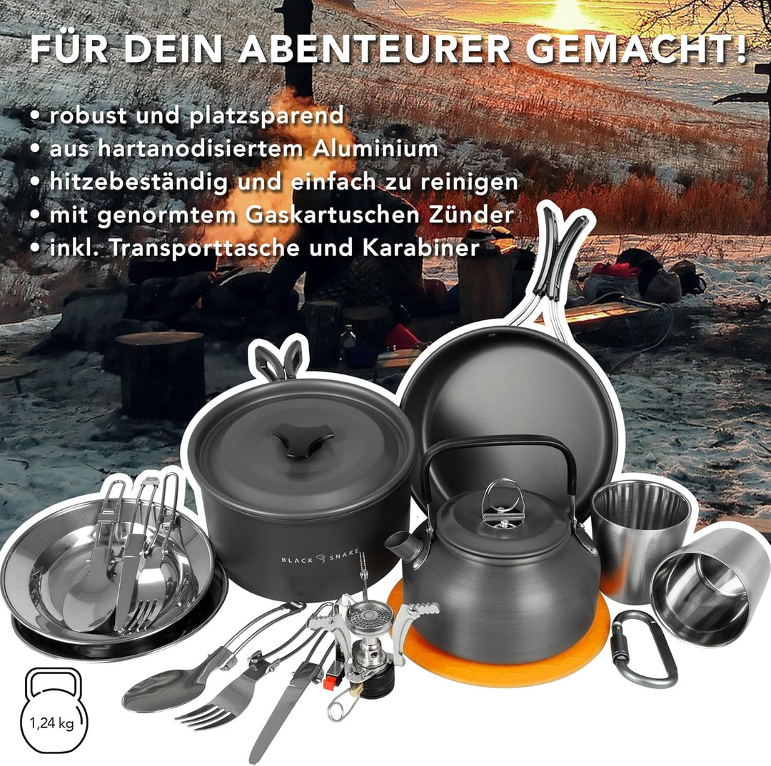 Black Snake® Camping Geschirr 'Himalaya' Kochgeschirr Kombination mit Edelstahl Becher Set, Tellern
