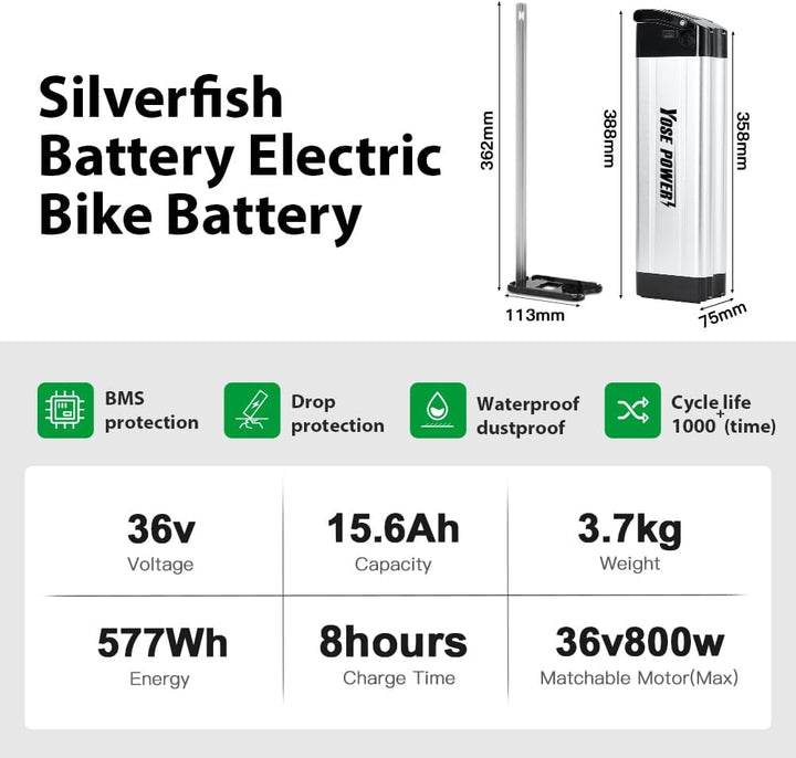 YOSE POWER E-Bike Akku 36V 10.4Ah / 14.5Ah / 15.6Ah /18.2Ah Geeignet für Motoren 36V 250W-800W XH370