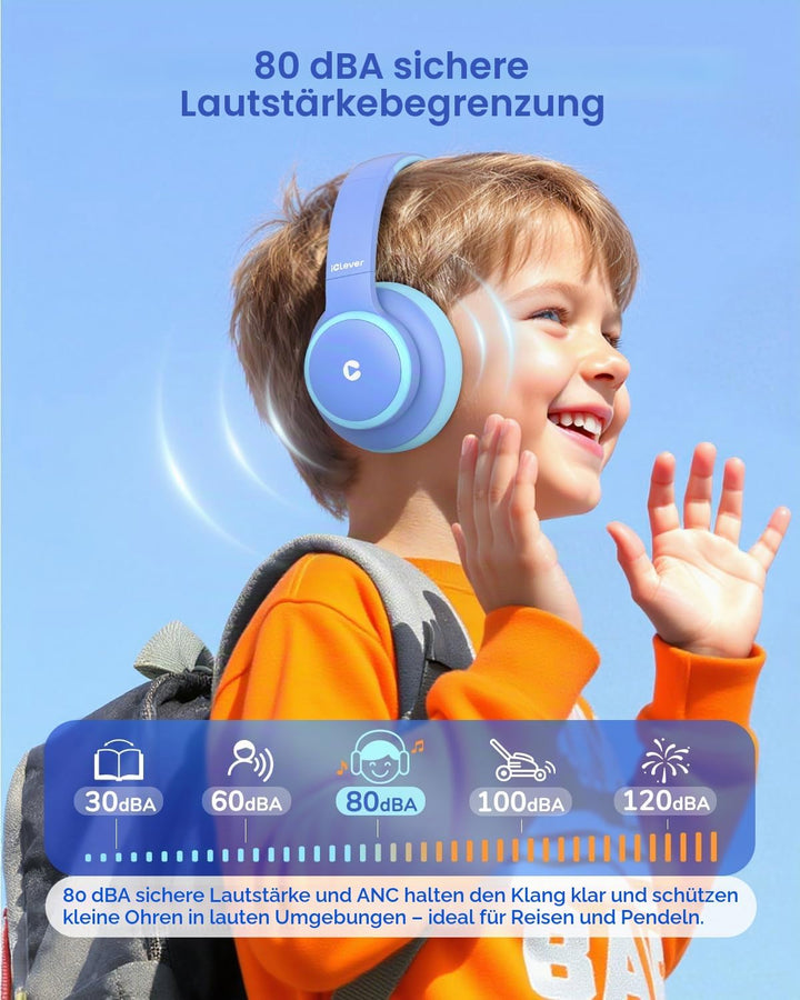 iiClever Noise Cancelling Bluetooth Kopfhörer Kinder, 60 Spielzeit, Sichere Lautstärke 80 dBA, Typ-C