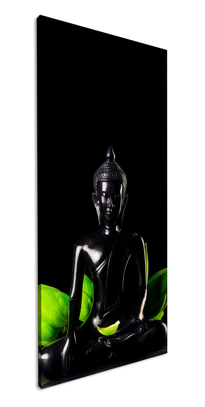 Dark Buddha Figur Panorama 80x40 cm als Leinwandbild, Motiv fertig gerahmt auf Echtholzrahmen, Hochw