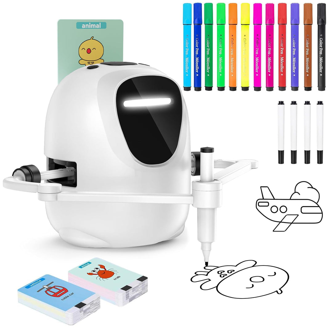 Zeichenroboter für Kinder ab 3 Jahren – sprachinteraktiver Malroboter mit 100 Lernkarten, 4 Stiften,