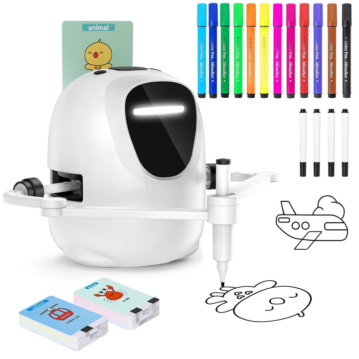 Zeichenroboter für Kinder ab 3 Jahren – sprachinteraktiver Malroboter mit 100 Lernkarten, 4 Stiften,
