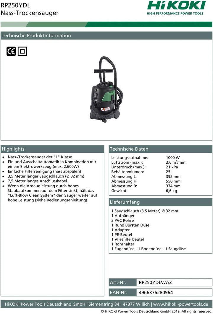 HIKOKI Nass-/Trockensauger RP250YDL (1000 Watt, 230 V, Luftstrom max.: 3,6m3/min, Behältervolumen: 2