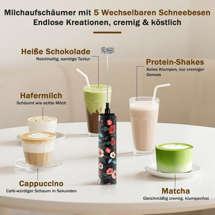 Milchschäumer Elektrisch USB-C mit 5 Wechselbaren Edelstahl-Schneebesen–2 Einstellbare Geschwindigke