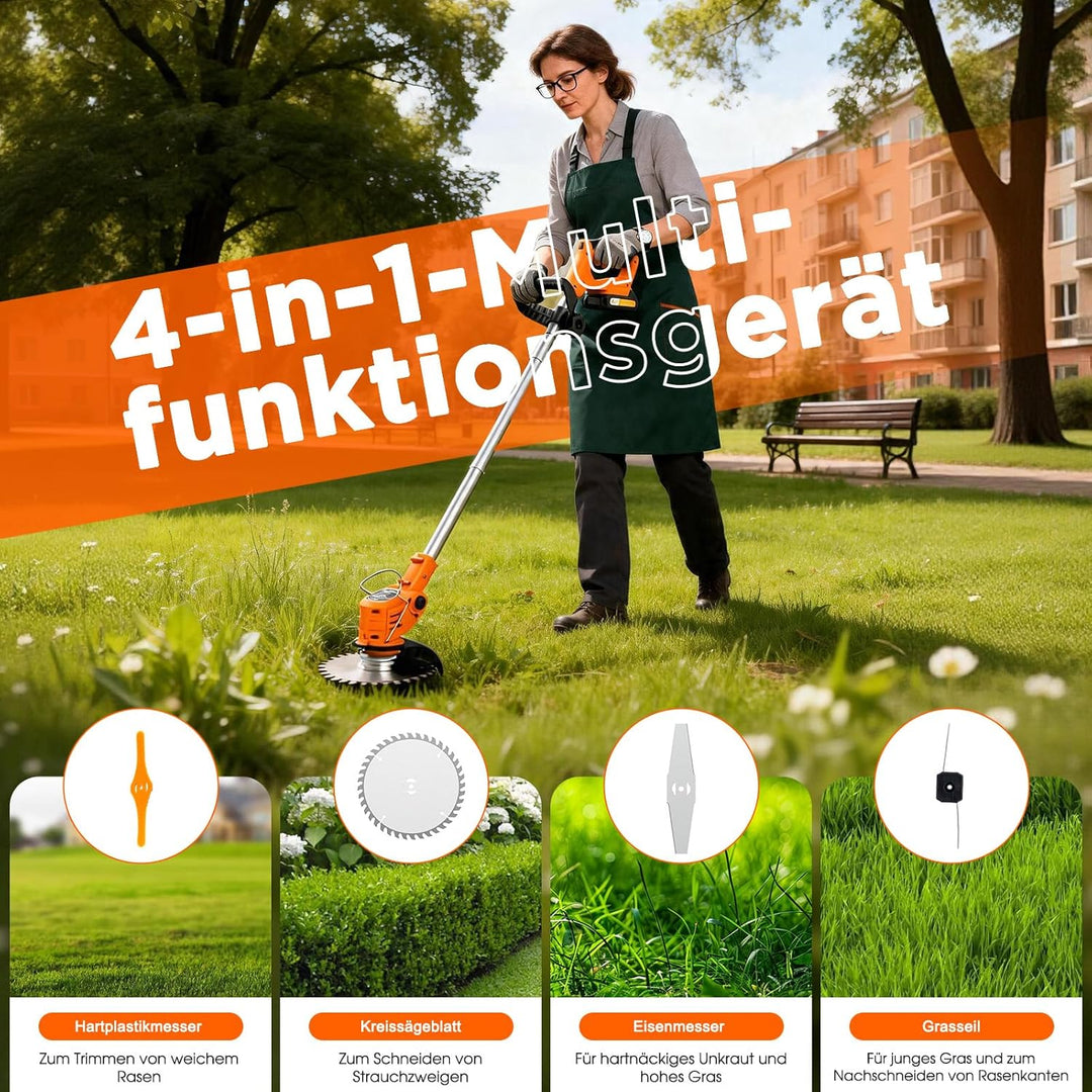 Akku-Rasentrimmer mit 2 * 21V Akku, 4 Messer, dreifach klappbarer Mäher, Rasenmäher, Akku-Gartenmähe