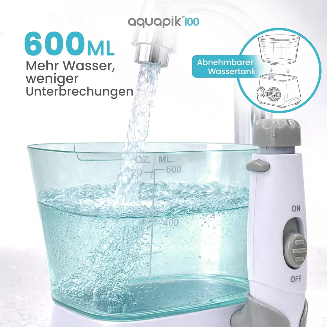 Aquapik® 100 professionelle Munddusche | Plaqueentferner + von Zahnärzten empfohlen | 8 Düsen, 10 Dr
