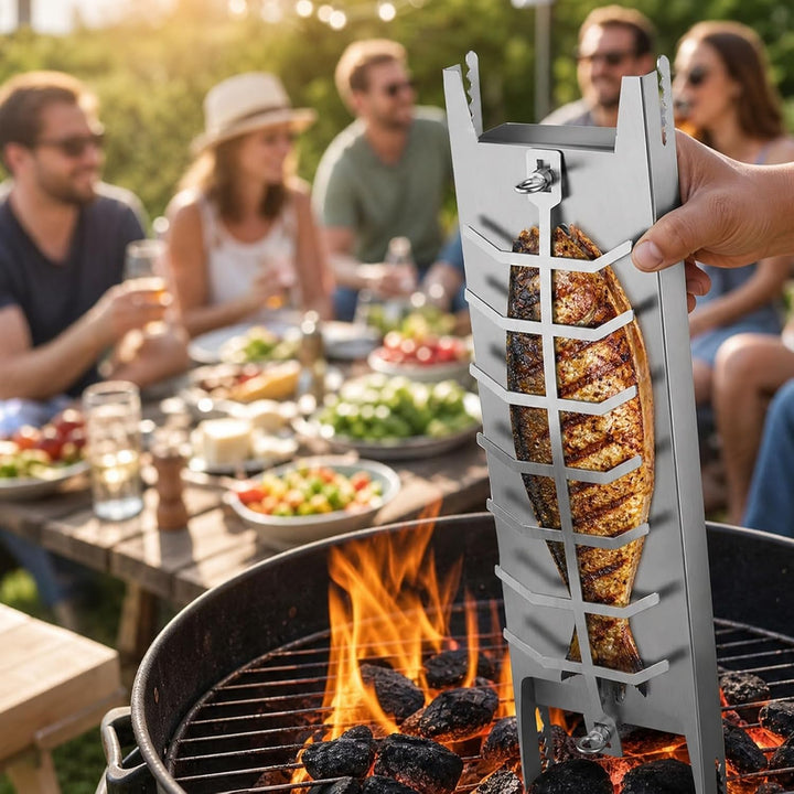 Flammlachsbrett aus Edelstahl 52×12 cm, Verstellbare Halterung | 180° Drehbar | 5-Stufig Einstellbar