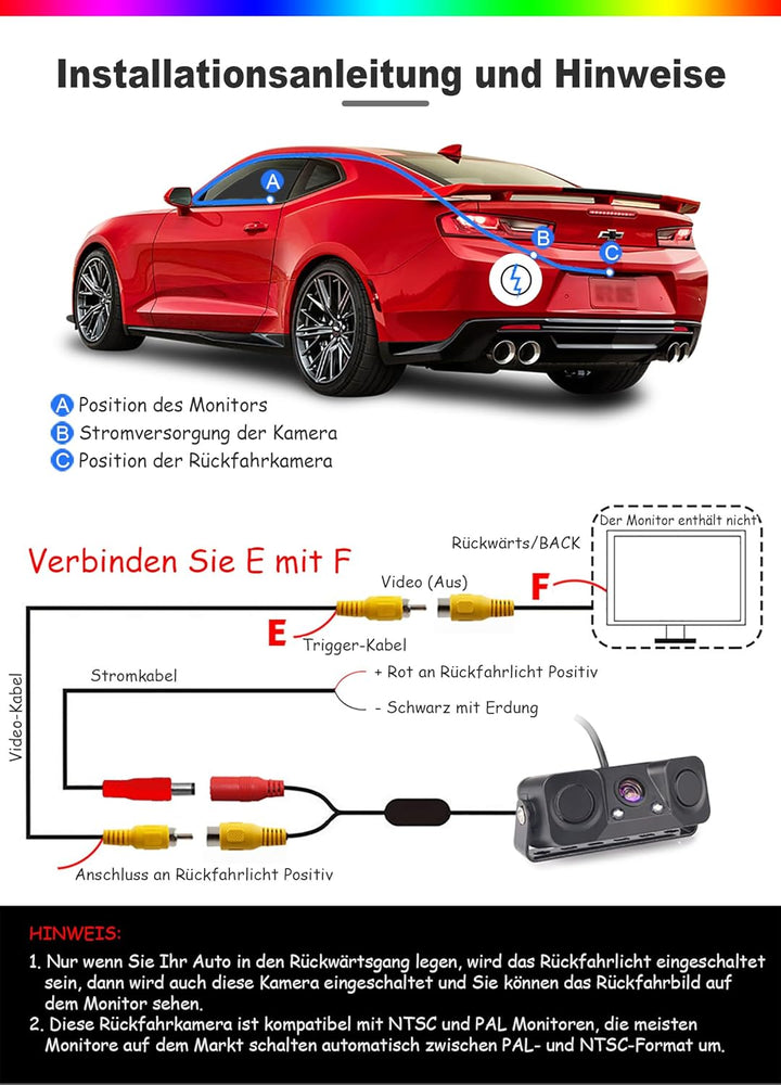 ERISIN AHD 1080P Rückfahrkamera mit Parksensor, Rückfahrkamera-Assistent für Autos, 150-Grad-Blickwi
