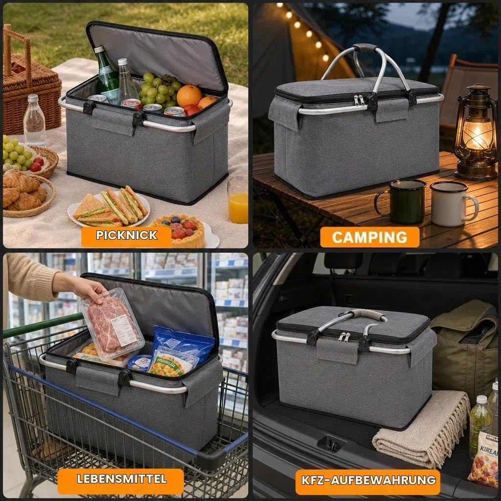 Einkaufskorb,Einkaufskorb Faltbar, Thermo als Picknickkorb, Kühlbox Tragbare mit Gepolsterten Griffe