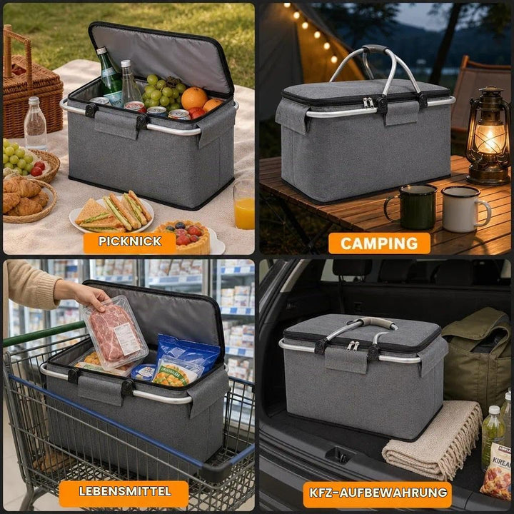 Einkaufskorb,Einkaufskorb Faltbar, Thermo als Picknickkorb, Kühlbox Tragbare mit Gepolsterten Griffe
