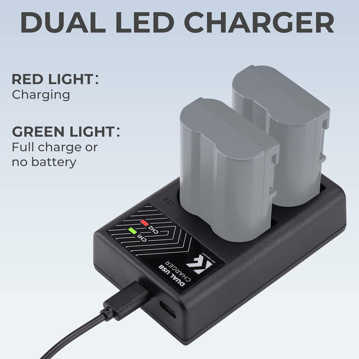 K&F CONCEPT EN-EL15/EN-EL15a/EN-EL15b Dual Slot Kameraakku Ladegerät, Micro USB und Typ-C Port Schne