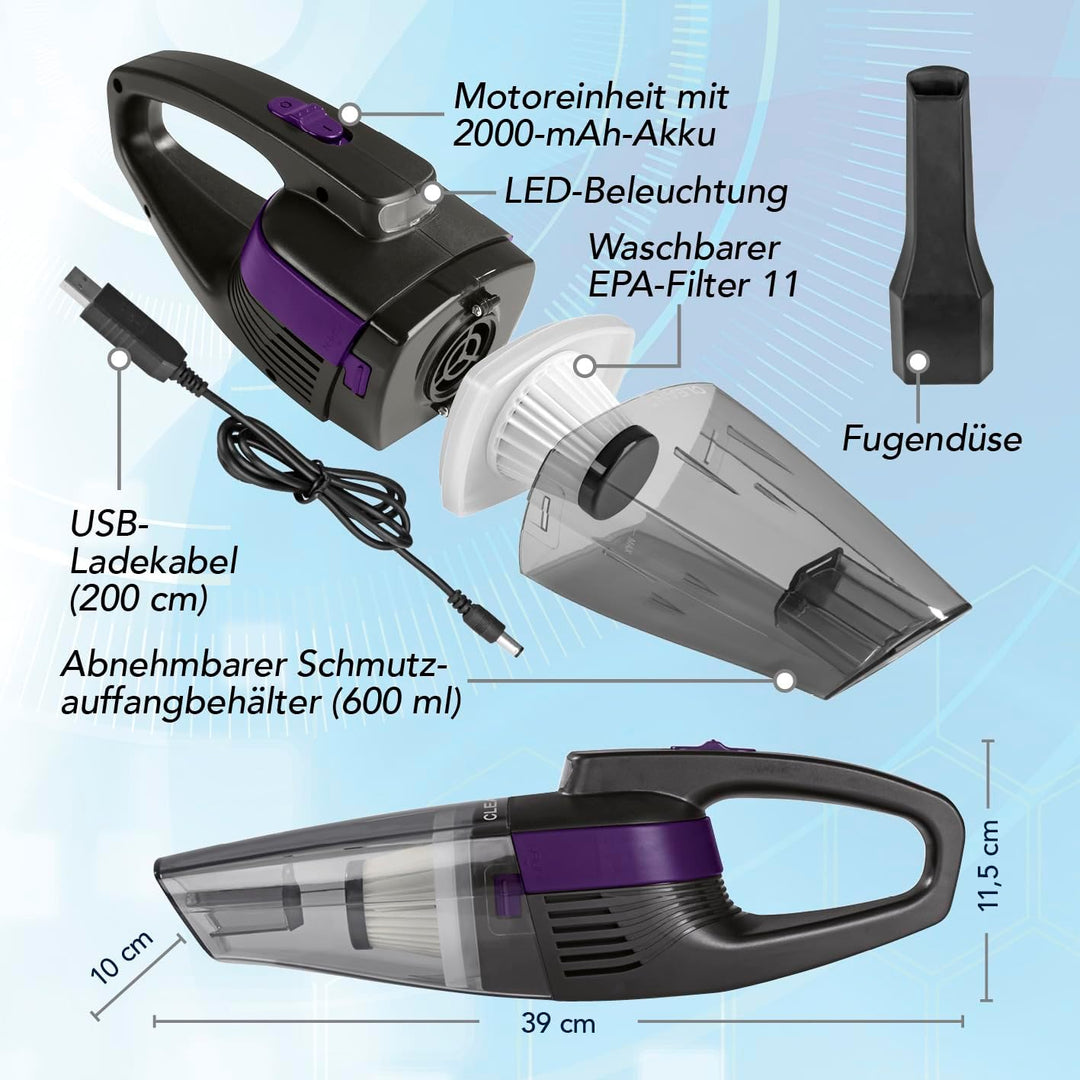 CLEANmaxx Handstaubsauger – kabellos, leistungsstarke 2000 mAh | Akku Staubsauger mit 600 ml Staubbe