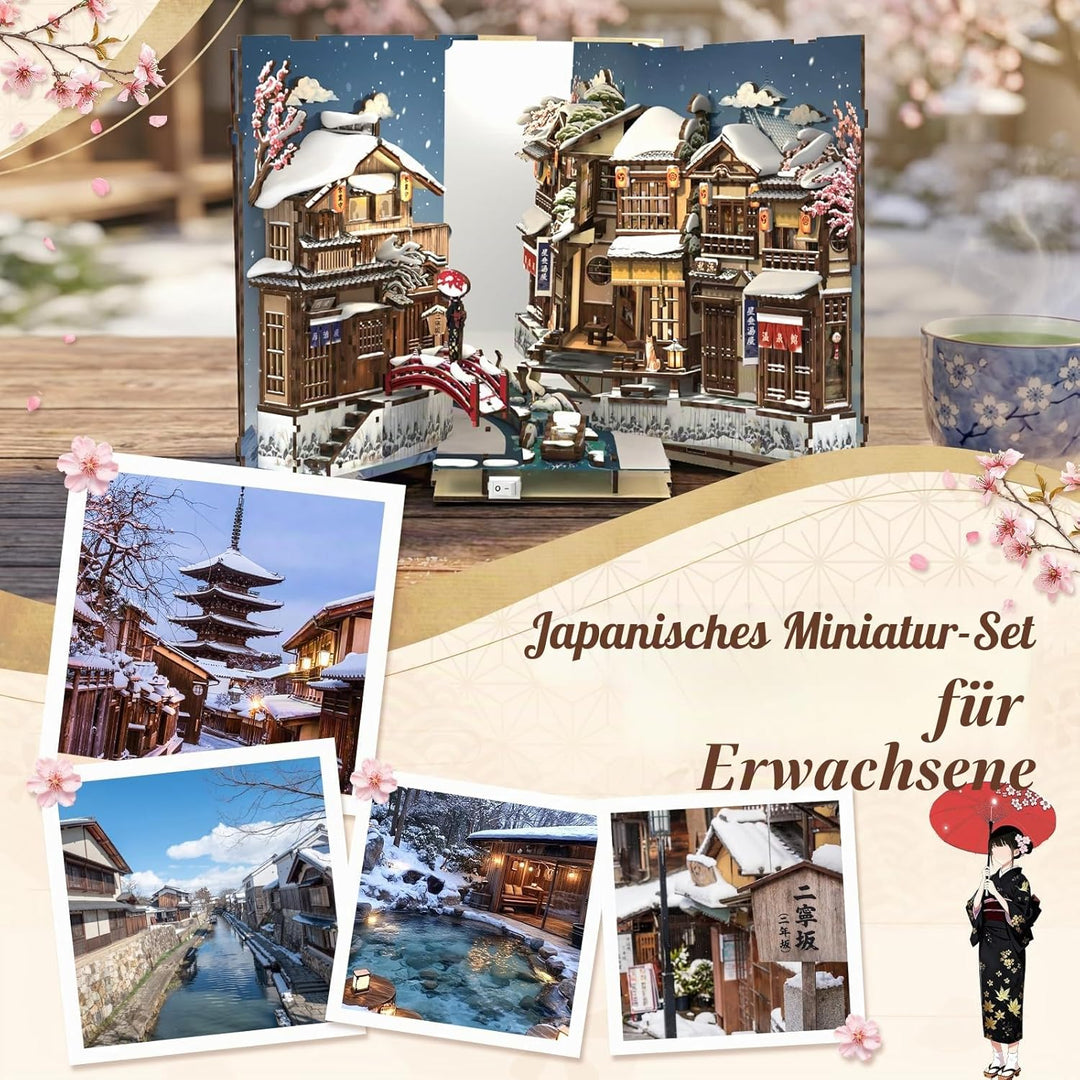 Fsolis Book Nook Kit –Kyoto Snow Whisper Booknook, Japanischer Puppenhaus-Szene, 3D Puzzle Set, Büch