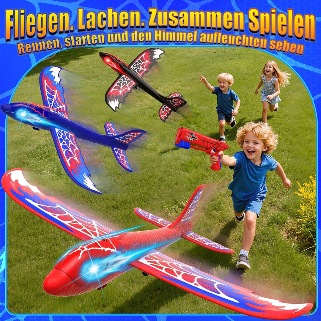 Flugzeug Spielzeug ab 3-12 Jahre, 3 Flugzeug mit Leuchtend Augen & Spinnennetz Flügel, Spider Spielz