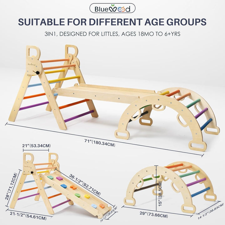 BlueWood 3-in-1 Montessori Indoor Spielset mit Bogen, Rampe und Kletterdreieck, Holz-Dreieckset für