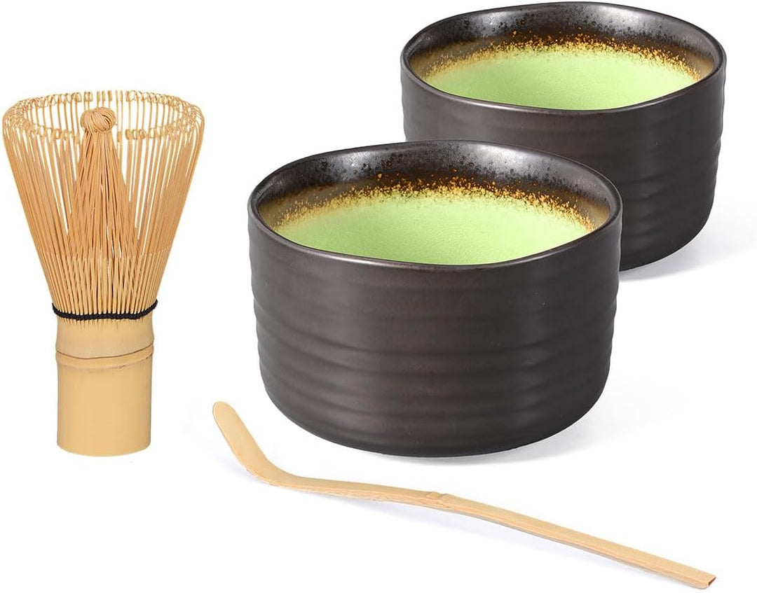 Matcha-Set 4-teilig, bestehend aus 2 Matchaschalen anthrazit/grün mit Craquelé-Muster, Matchalöffel