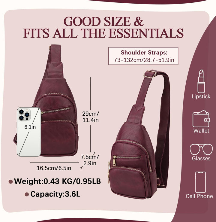VX VONXURY Sling Bag Klein, Vegan Leder Brusttasche Schultertasche Umhängetasche Damen mit Breiten G