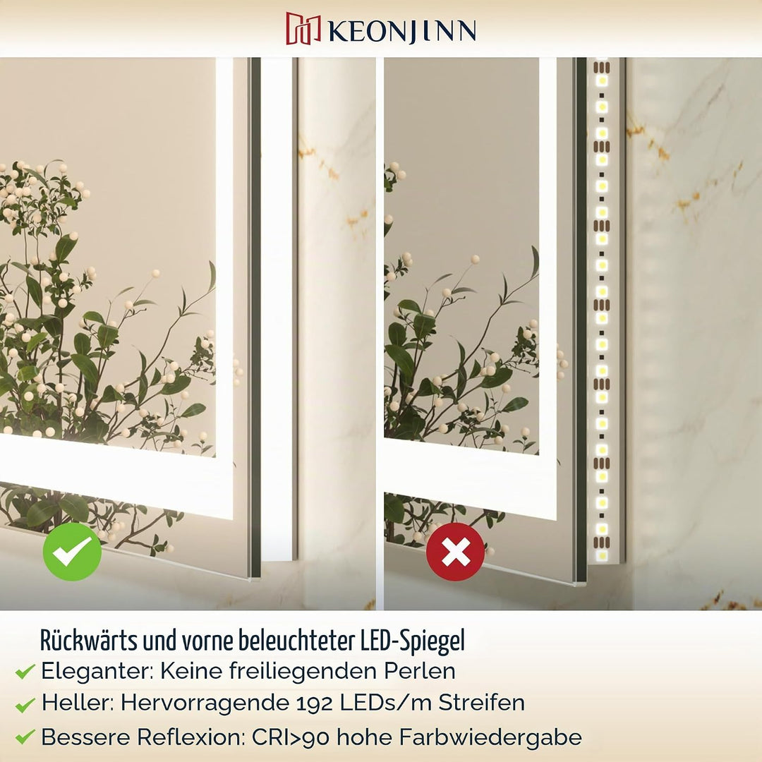 Keonjinn Badspiegel mit Beleuchtung 180x80cm, Beleuchtet Badezimmerspiegel Beschlagfrei Led Bad Spie