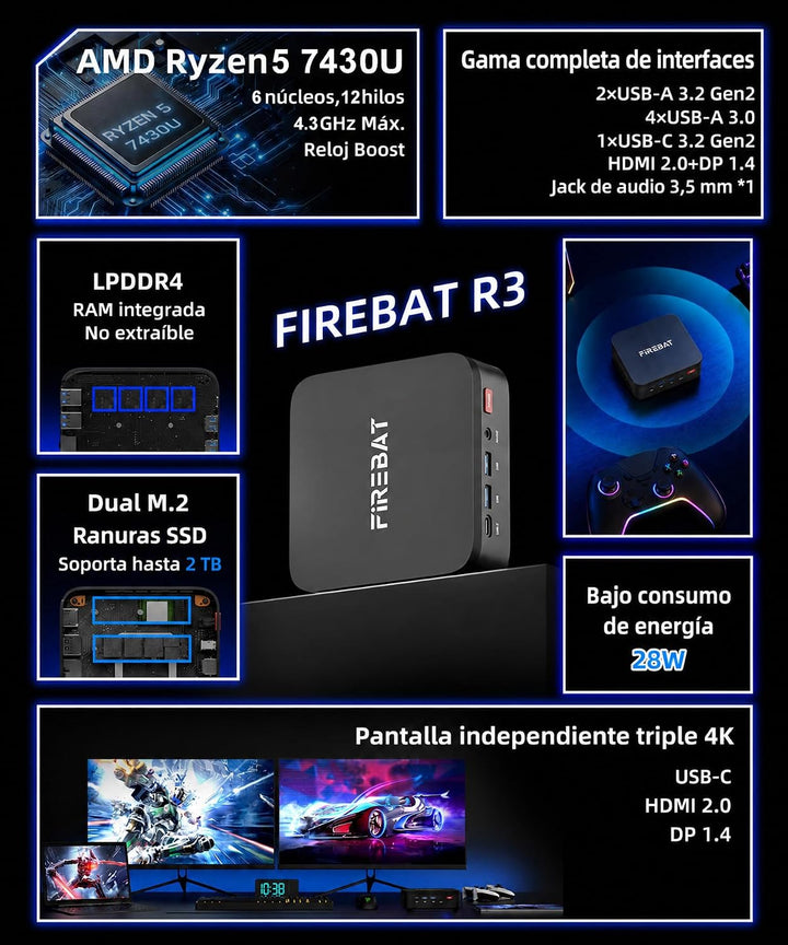 FIREBAT R3 Mini-PC, Ryzen 5 7430U (bis zu 4,3 GHz), 16 GB LPDDR4, 512 GB SSD, DREI 4K-Anschlüsse mit