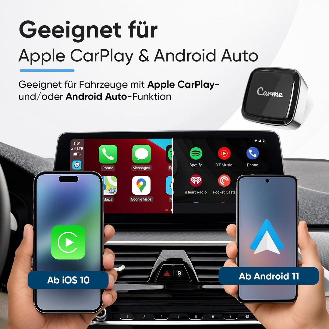 CarMe Ultra Mini 2-in-1 CarPlay Wireless Adapter & Android Auto Wireless Adapter, wandelt kabelgebun