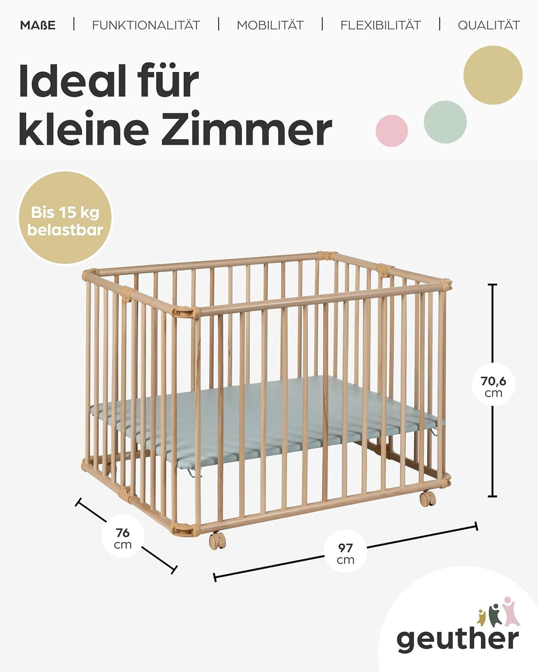 Geuther 2261 Laufgitter Lucilee Passung: 76 cm x 97 cm 3-fach werkzeuglos höhenverstellbar gepolster