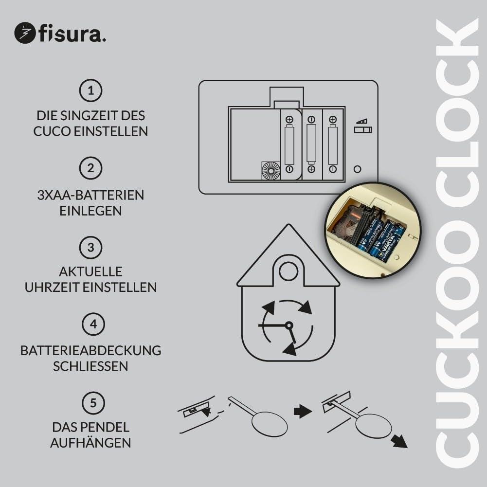 Fisura - Graue Kuckucksuhr mit weissem Zifferblatt. Wanduhr. Originelle Wanduhr als Geschenk. 3 AA-B