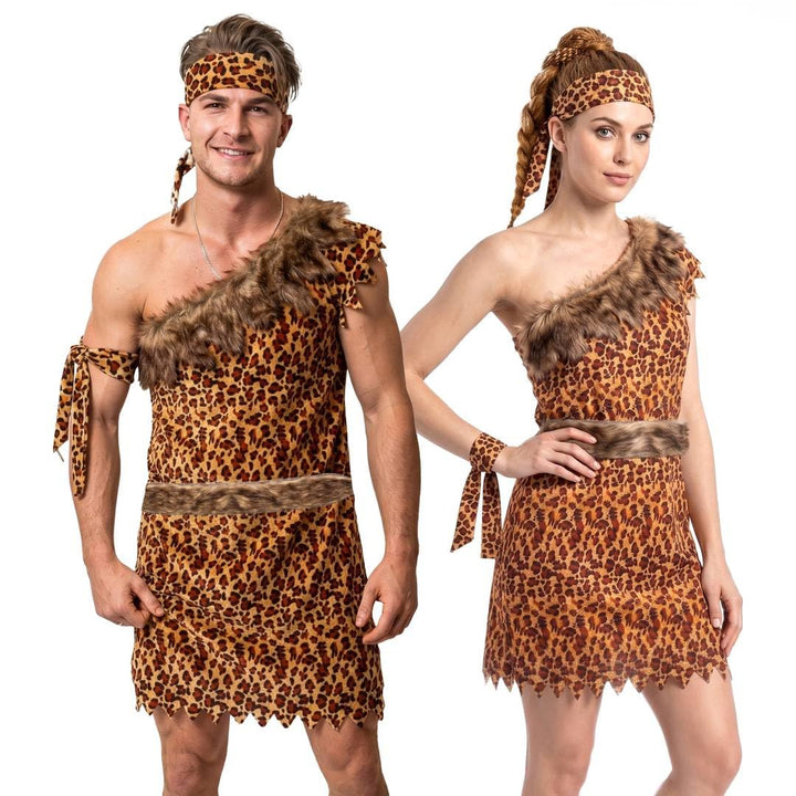 PAARE CAVEMAN &amp; HÖHLENFRAU-KOSTÜM, AUFBLASBAR, CLUB LEOPARD PRINT KLEID, GÜRTEL, HAARREIF, ARMBAND F