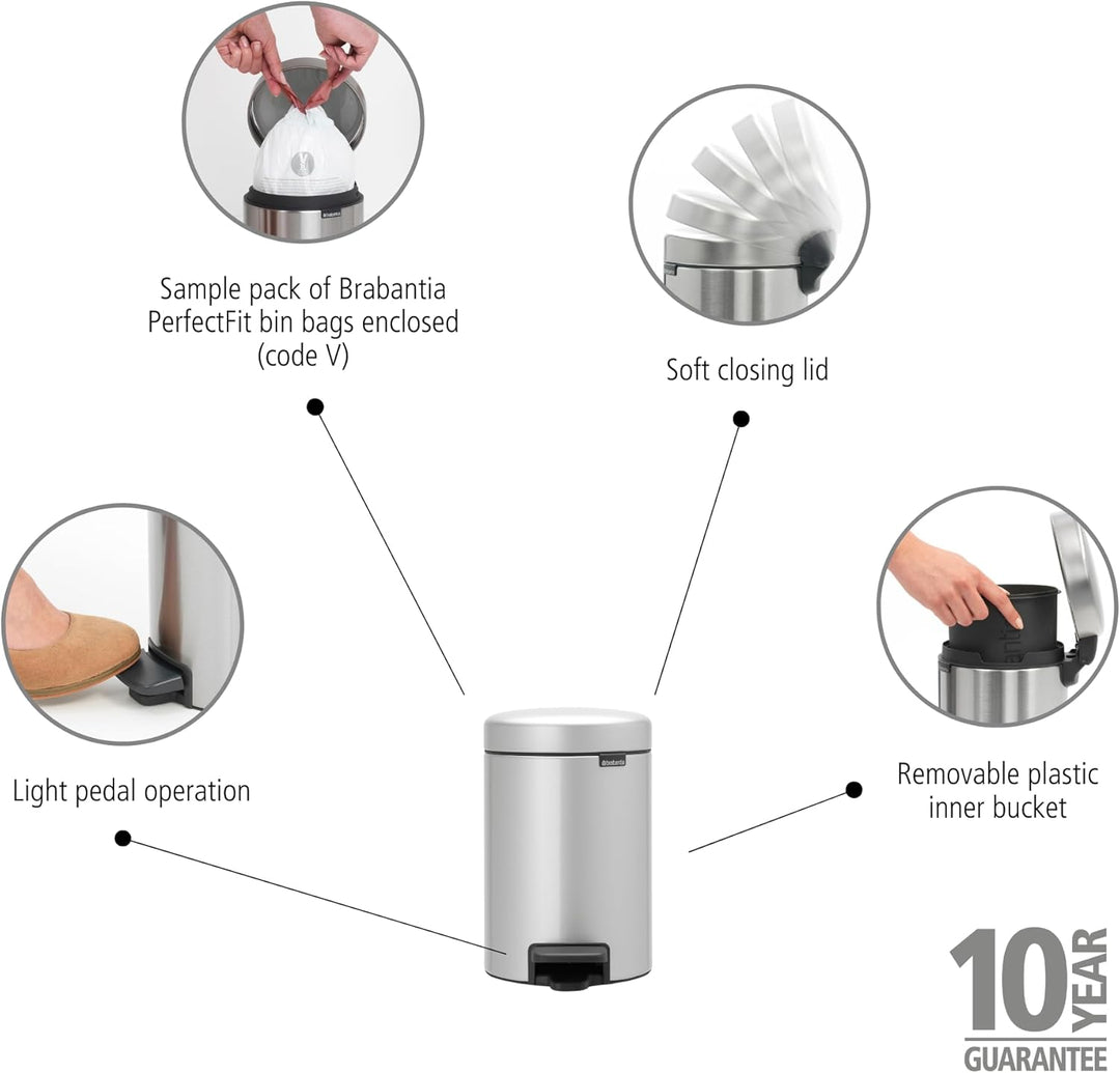 Brabantia 113260 Treteimer mit Inneneimer aus Kunststoff, stahl, Metallic Grau, 3 Liter 3 Liter Meta