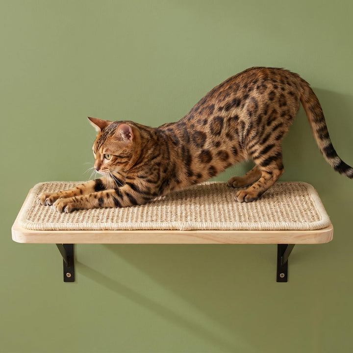 Katzen Kletterwand, Katzenwandmöbel mit Kratzmatte, Wandmontiertes Massivholz Schlafplattform für Kl