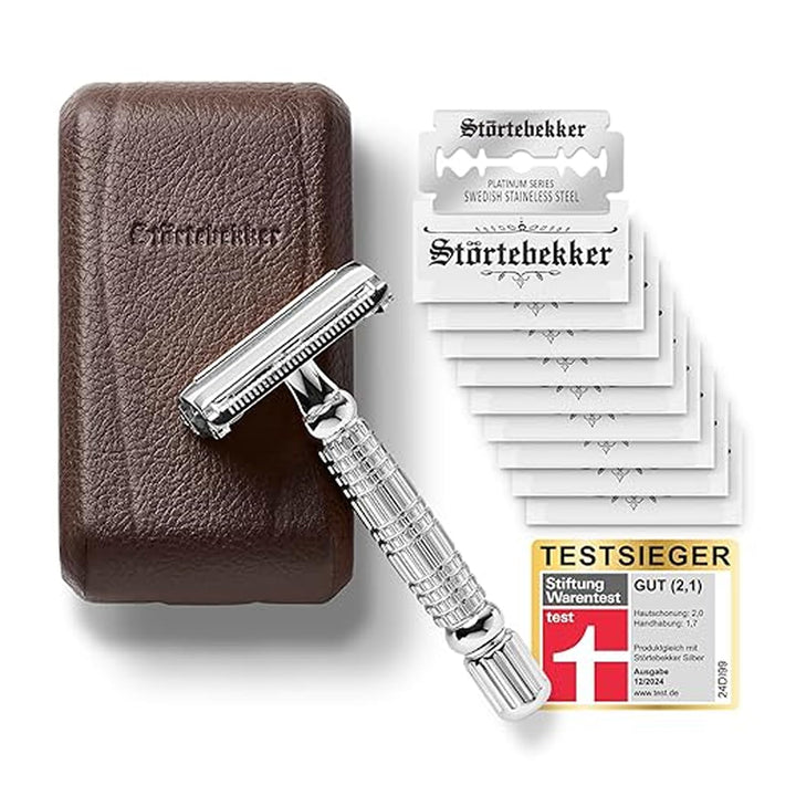 Störtebekker® Premium Rasierhobel ‘Hamburg’ im handgefertigten Leder-Etui - *TESTSIEGER* Stiftung Wa