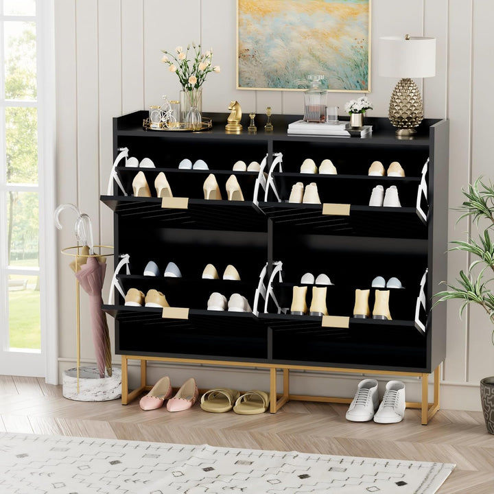 UEV Schuhschrank mit 4 Klappen Schmal,Freistehendes Schuhregal mit Kippschutz, Schuhkommode mit vers