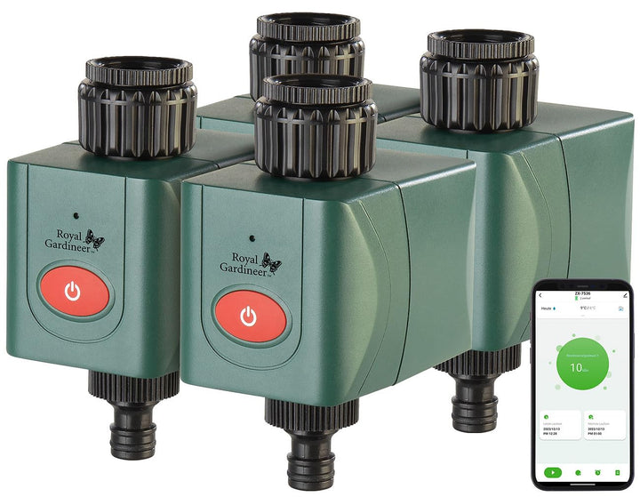 Royal Gardineer Elesion Bewässerung: 4er-Set WLAN-Bewässerungscomputer mit Ventil, App-Wetterdatenab