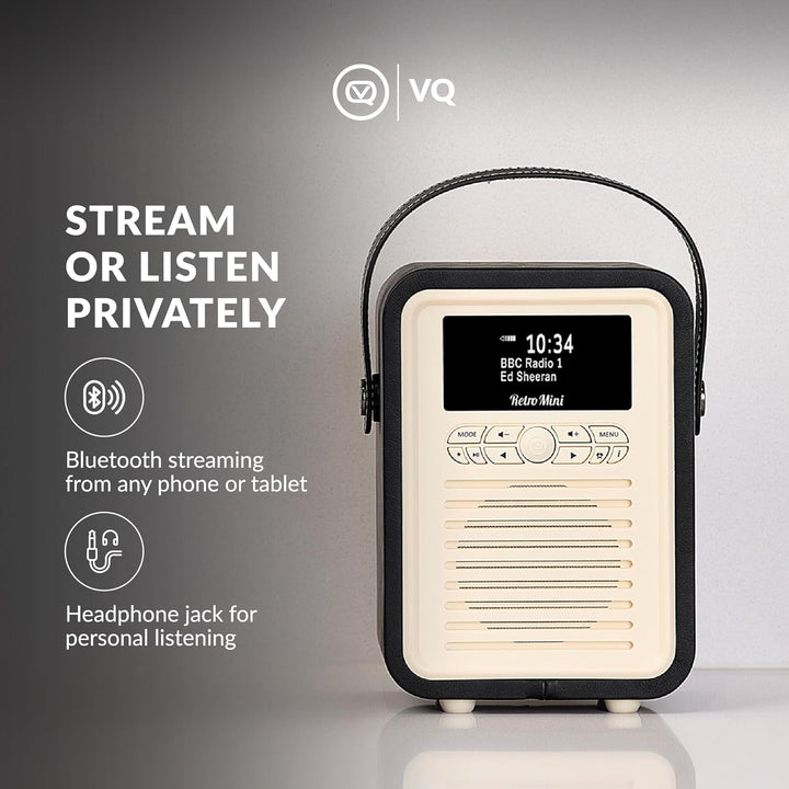 VQ Retro Mini Tragbares Radio mit Bluetooth-Lautsprecher und 60 Voreinstellungen. Enthält ein DAB-Ra