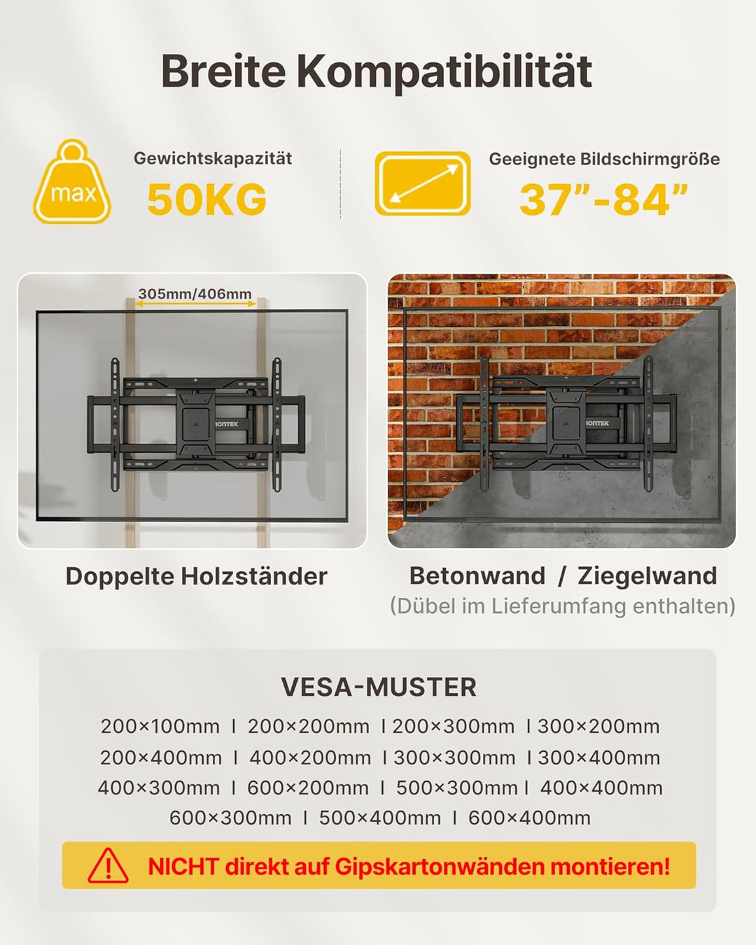 monTEK Full Motion TV Wandhalterung für 37–84 Zoll Fernseher bis 50kg, Wandhalterung Fernseher mit s
