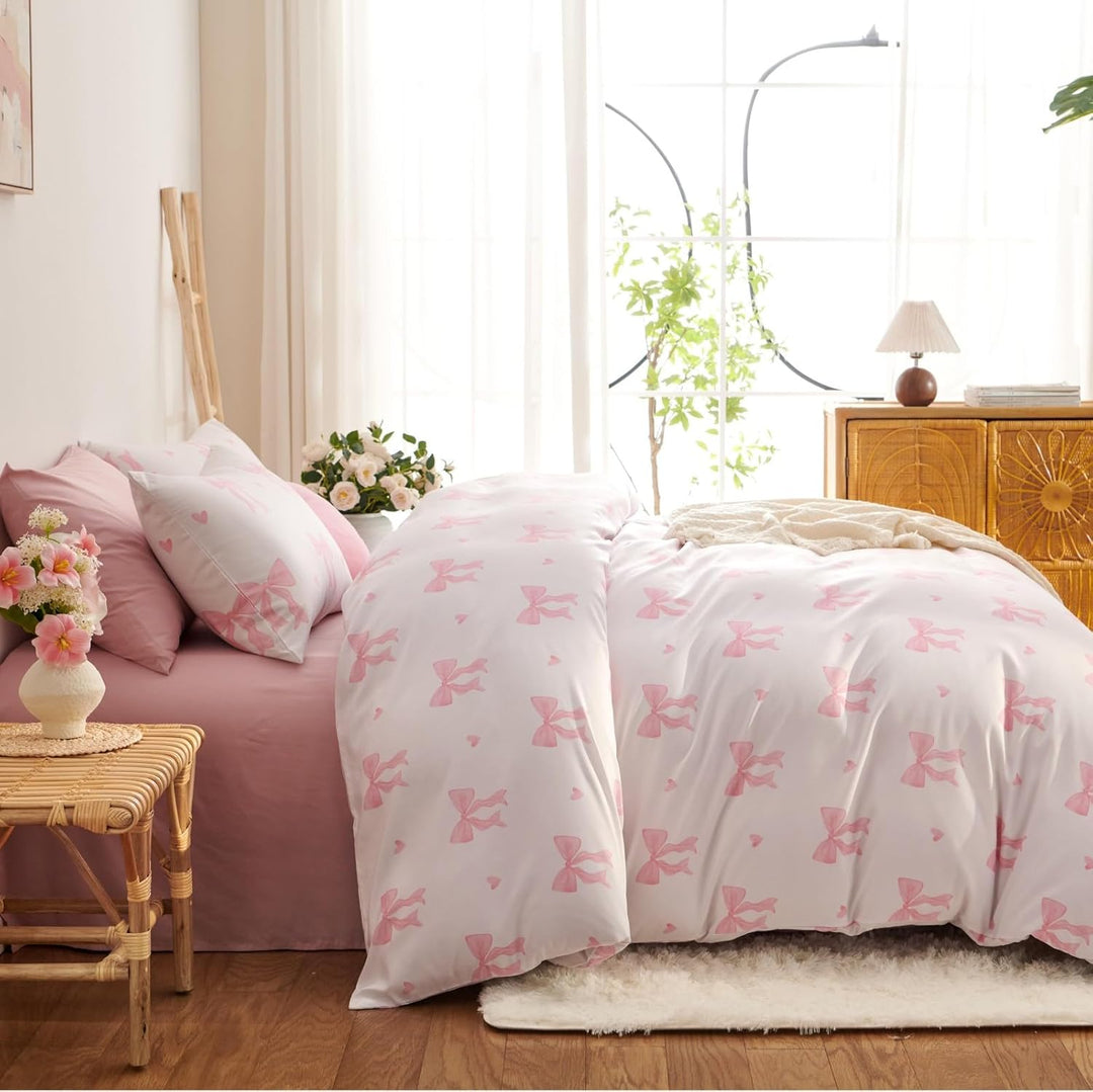 Freyamy Schleife Bettwäsche 135x200cm 2teilig Beige Rosa Schleifen Herz Mädchen Wendebettwäsche Set