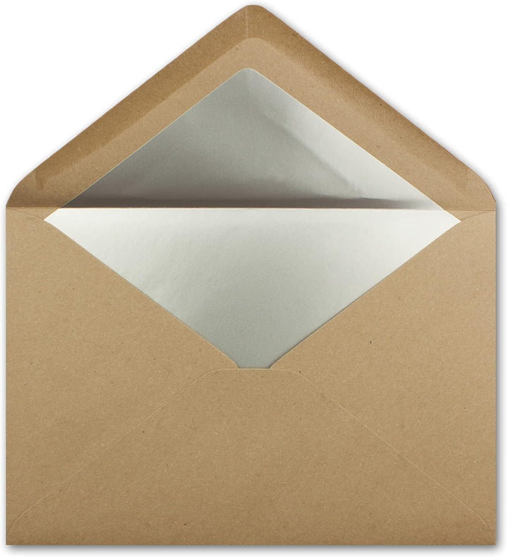 300x DIN C5 Kuverts 15,7 x 22,5 cm aus Kraft-Papier in sandbraun mit silbernem Seidenfutter - Nasskl