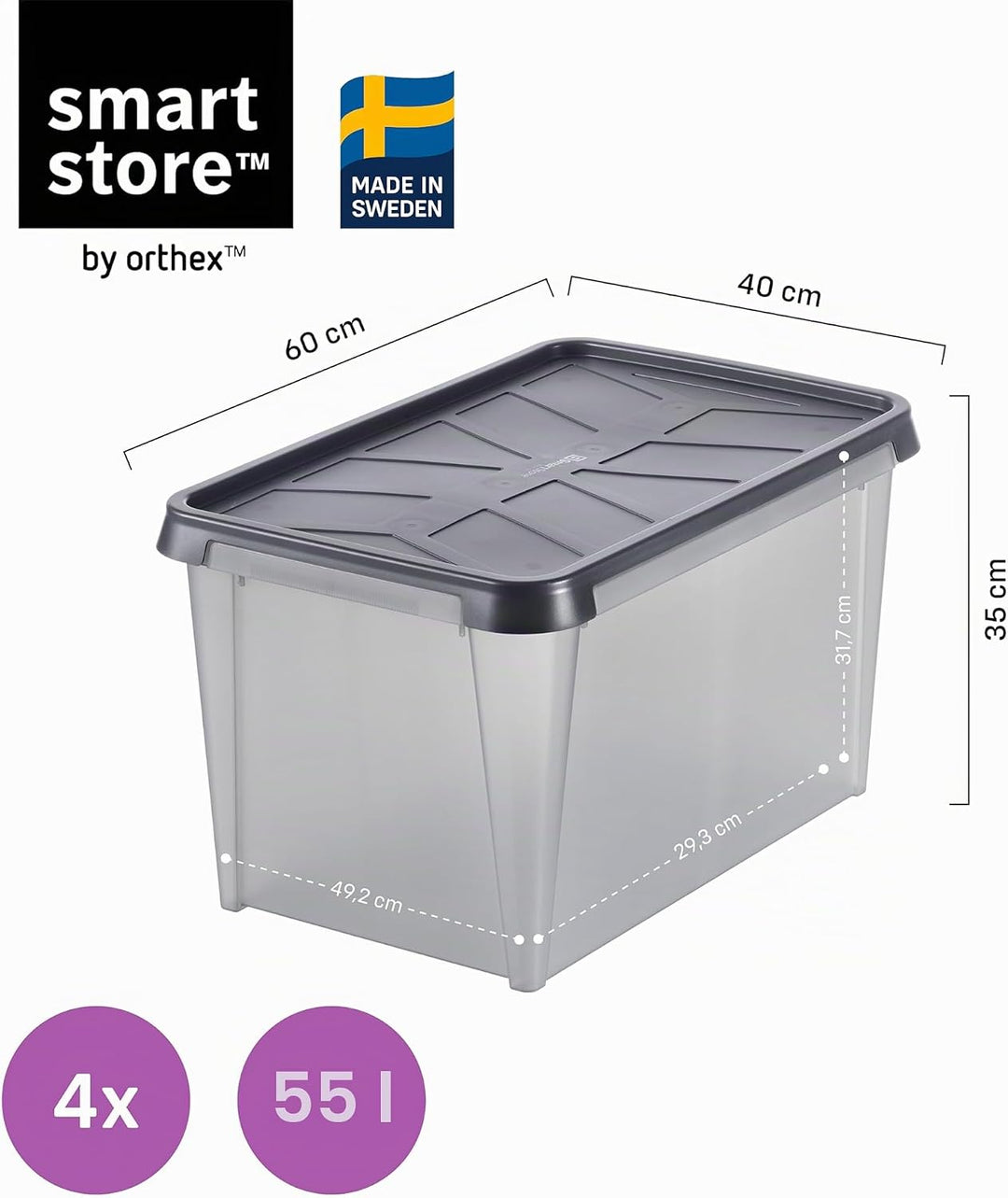 SmartStore Aufbewahrungsbox mit Deckel 50 L wasserdicht Plastik – 4er-Set – mattiert - ineinander &