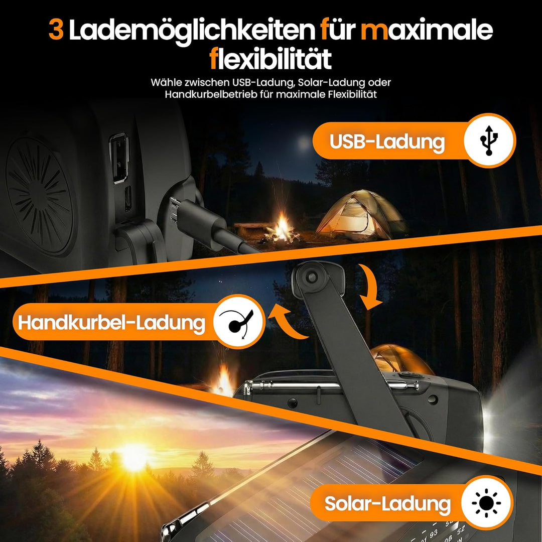 CAMPATIX Notfallradio mit 2000 mAh Solar-Powerbank, AM/FM Radio, USB-Ladung, LED, Taschenlampe, Hand