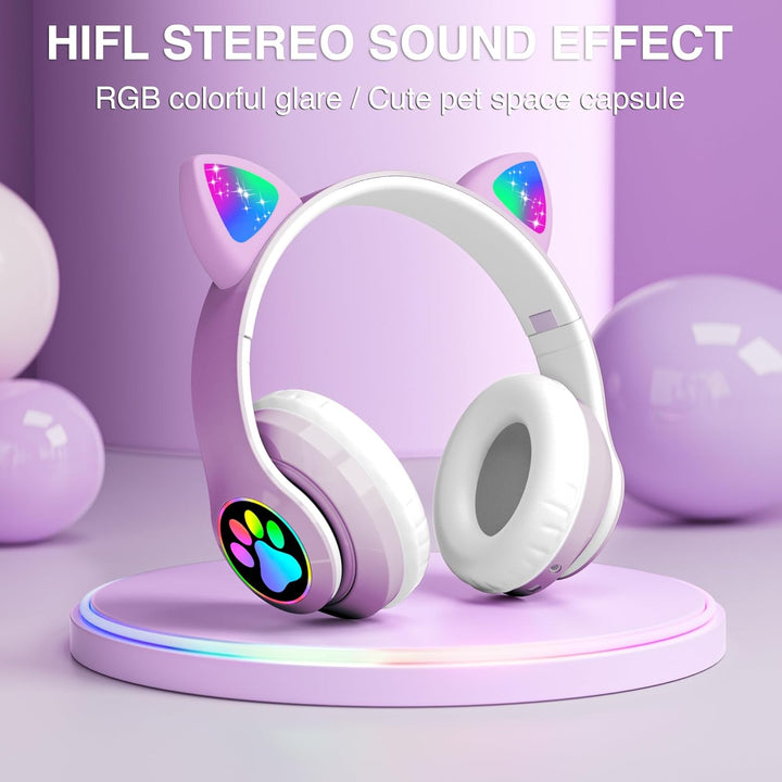Bluetooth kopfhörer Kinder,Mädchen Katzenohr Kopfhörer Over-Ear mit LED-licht Faltbare Stereo Kopfhö