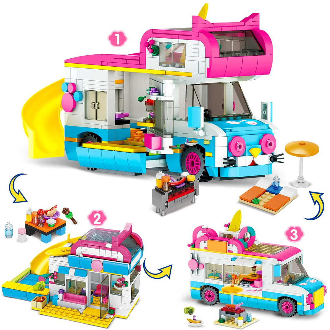 3-in-1 Wohnmobil Bausteine Spielzeug, Campingbus Wohnwagen Konstruktionsspielzeug mit Rutsche und Au